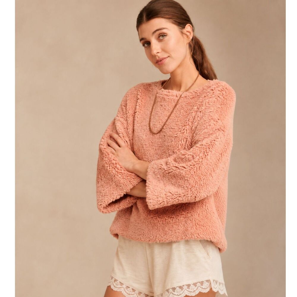Madewell Teddy Faux Fur Pullover Sweater Blush Peach Boxy Oversized Cozy Top M